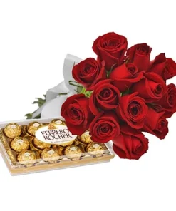 Buquê de 12 Rosas Vermelhas e Ferrero + Ferrero Rocher 150g